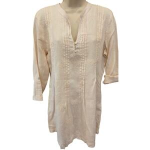 Saint Tropez West 100% Linen Tunic Top M Blush Pink 3/4 Sleeve Embroidered vtg